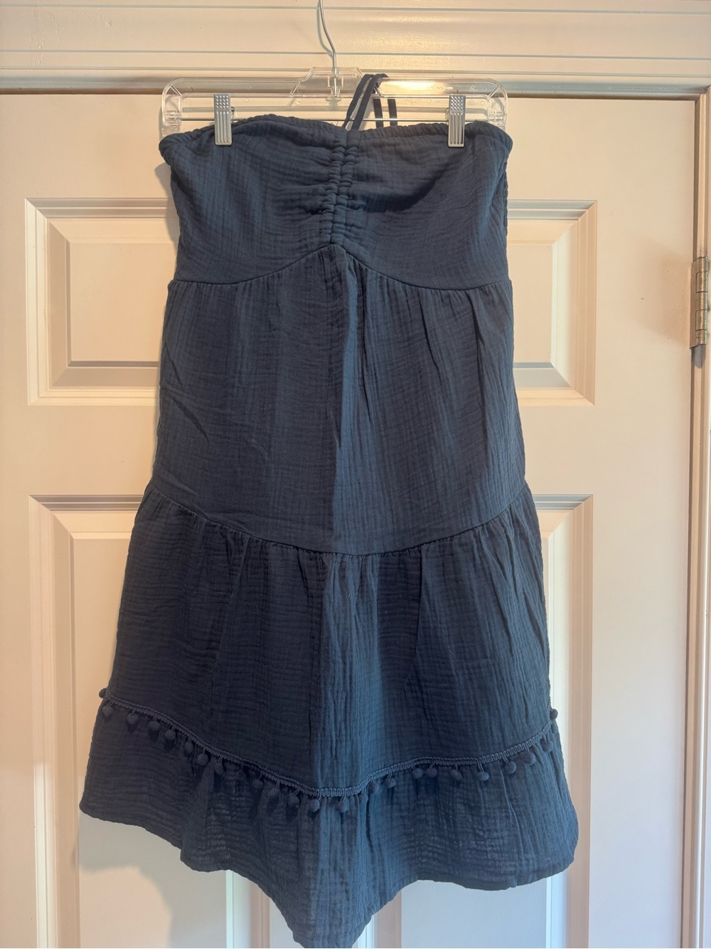 SHEIN Women's Navy Strapless Tiered Sundress with Pom Trim